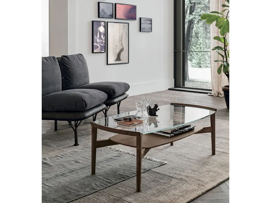Tavolino in vetro Bloom con struttura in rovere carbone e top in vetro di Tomasella