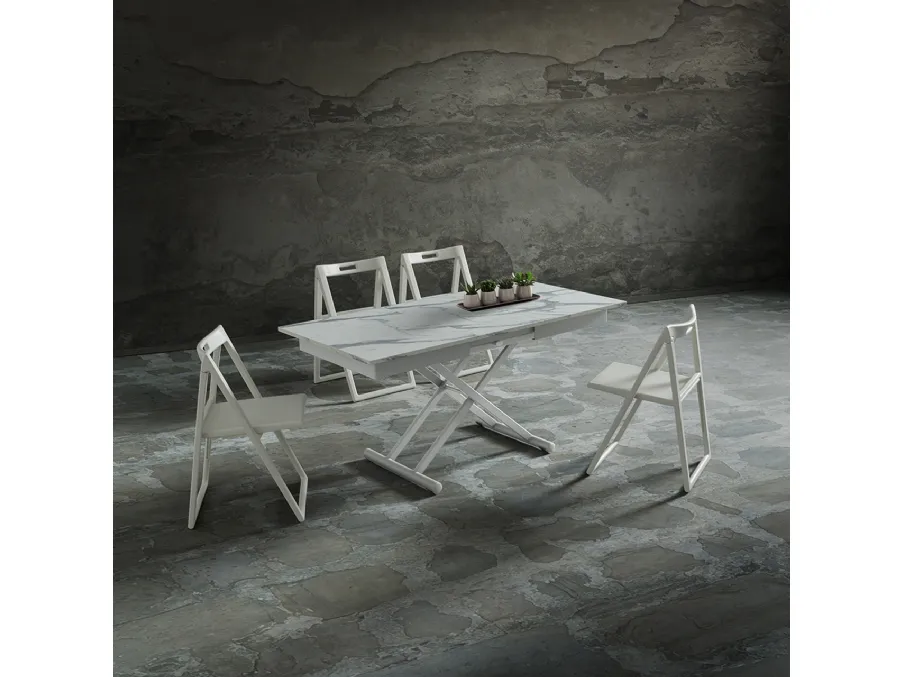 Tavolino con top in HPL effetto marmo regolabile in altezza che diventa tavolo da pranzo Perseo di La Primavera