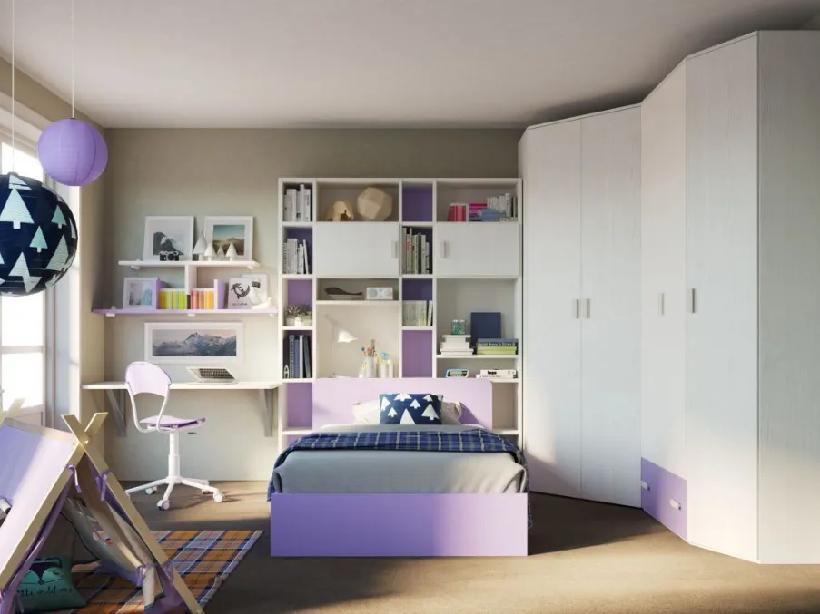 Cameretta con armadio ad angolo, letto, libreria con vani a giorno e scrivania