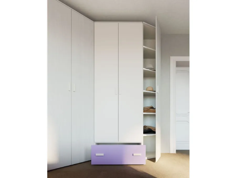 Cameretta con armadio ad angolo, letto, libreria con vani a giorno e scrivania