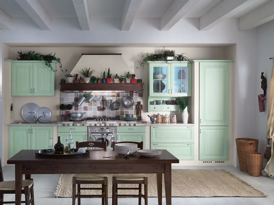 Cucina Classica Vintage in legno laccato colore verde acqua di Tempora Country