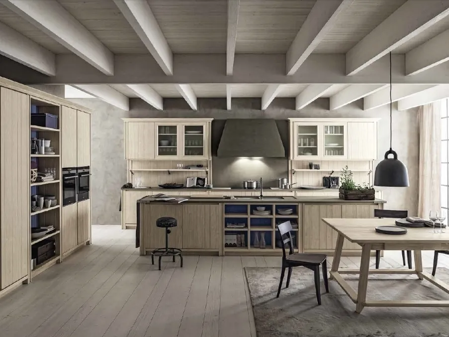 Cucina Classica con isola in legno finitura bianco perla e top in ecocemento finitura fumo Maestrale M01 di Scandola