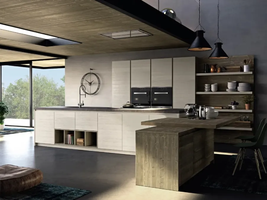 Cucina Moderna in legno di abete grigio con penisola Mood 01 di Fratelli Mirandola