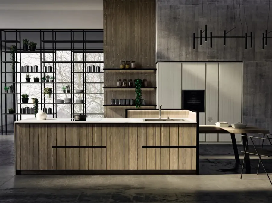 Cucina Moderna lineare con penisola New Step 02 in legno di abete con ante dogate di Fratelli Mirandola