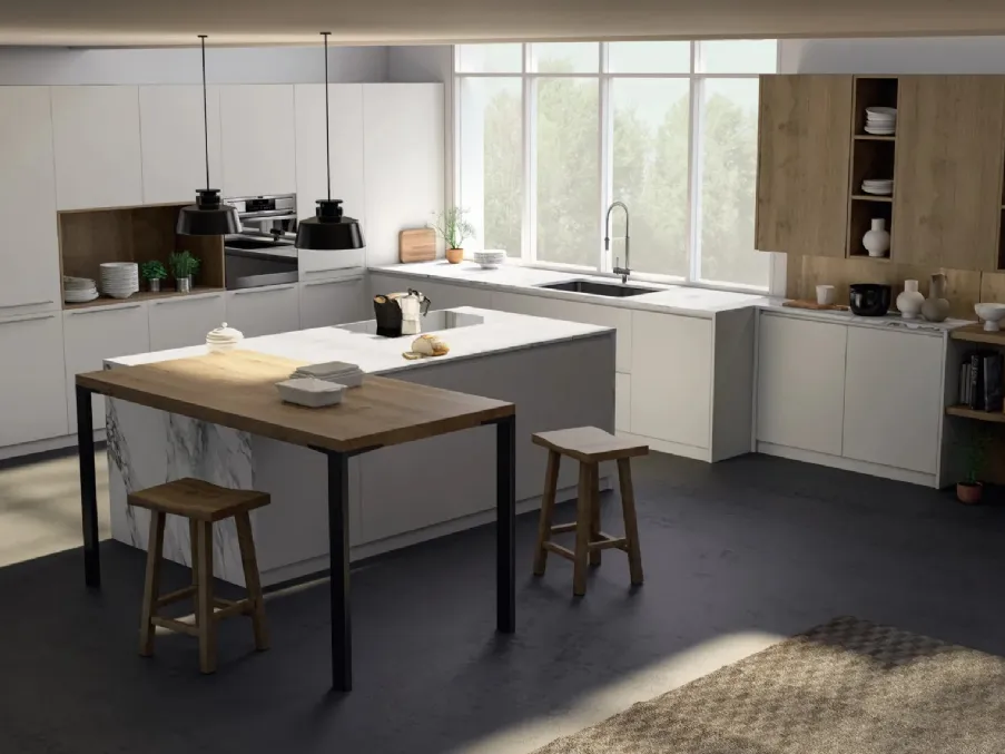 Cucina Moderna angolare con isola e penisola New Time e New Time Gola in legno naturale e laccato bianco di Fratelli Mirandola