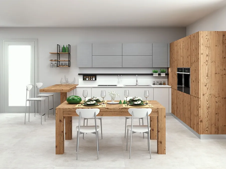 Cucina Moderna con penisola in legno antico Real di Tempora Country