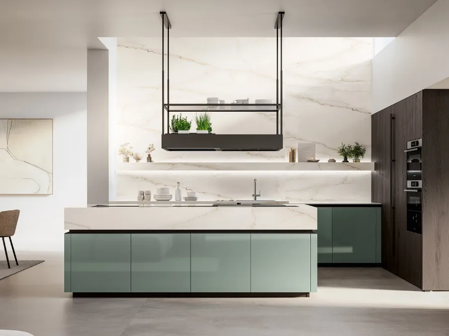Cucina Moderna in laccato lucido e impiallacciato con isola Time di Arredo3